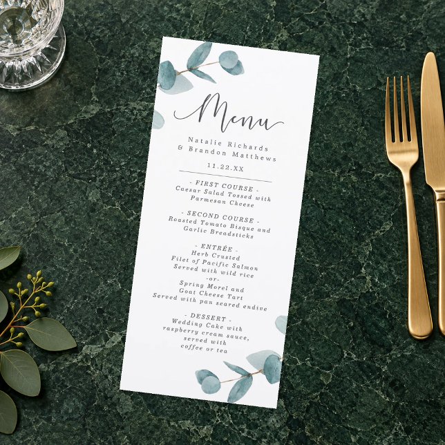 Elegant Eucalyptus & Calligraphy Script Dinner Menu (Eucalyptus Calligraphy Wedding Dinner Menu. Styling props not included.)