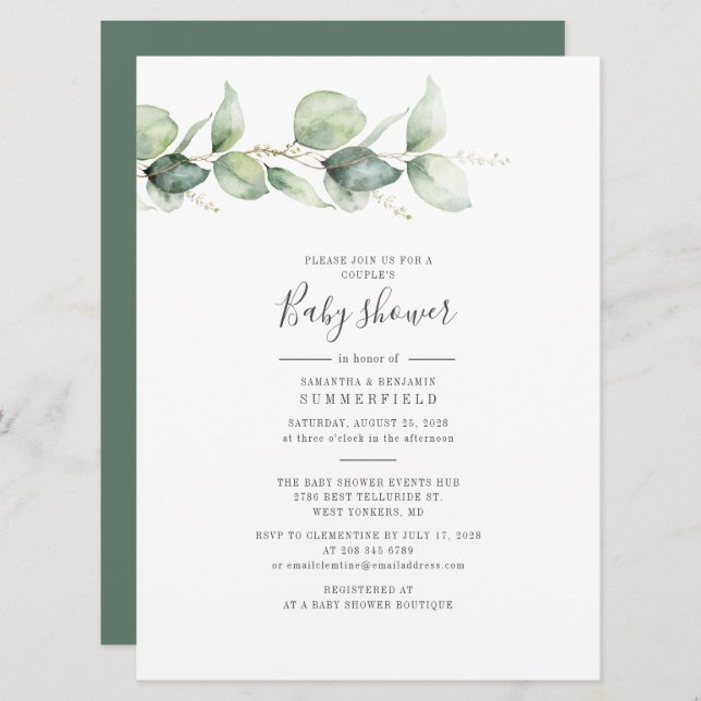 Elegant Eucalyptus Couples Baby Shower Greenery Invitation (Front/Back)
