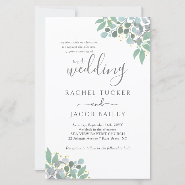 Elegant Eucalyptus Dusty Blue Wedding Invitation (Front)