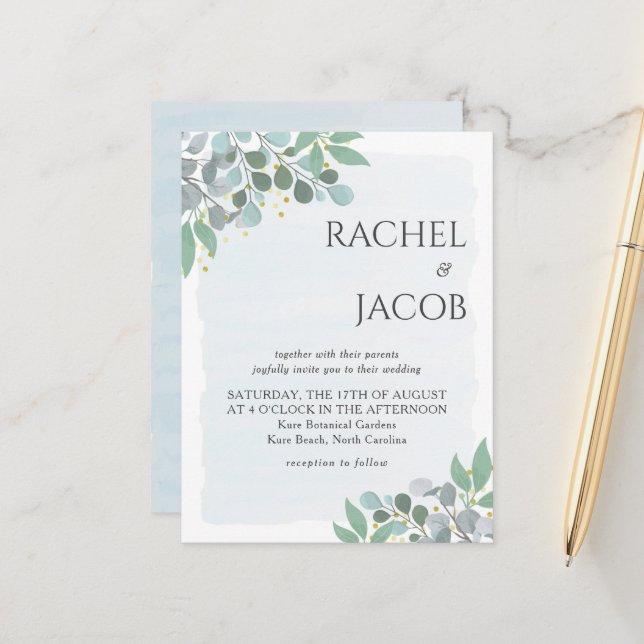 Elegant Eucalyptus Dusty Blue Wedding Invitation Postcard (Front/Back In Situ)