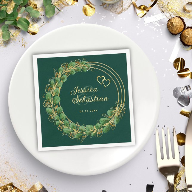 Elegant Eucalyptus Emerald Green and Gold Wedding Napkin (Creator Uploaded)