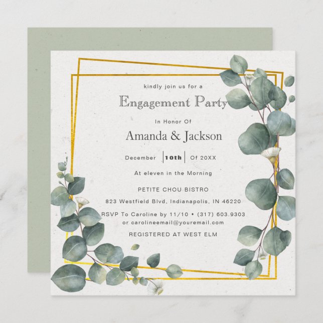 Elegant Eucalyptus Engagement Party Square Invitation (Front/Back)