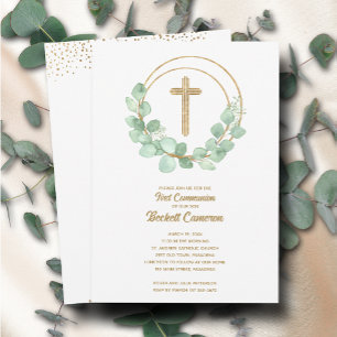 Elegant Eucalyptus First Communion Cross Invitation
