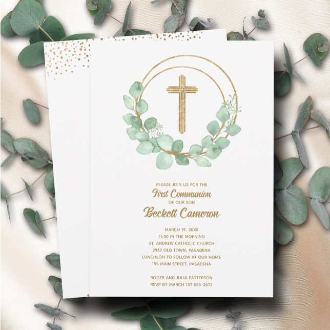 Elegant Eucalyptus First Communion Cross Invitation (Creator Uploaded)
