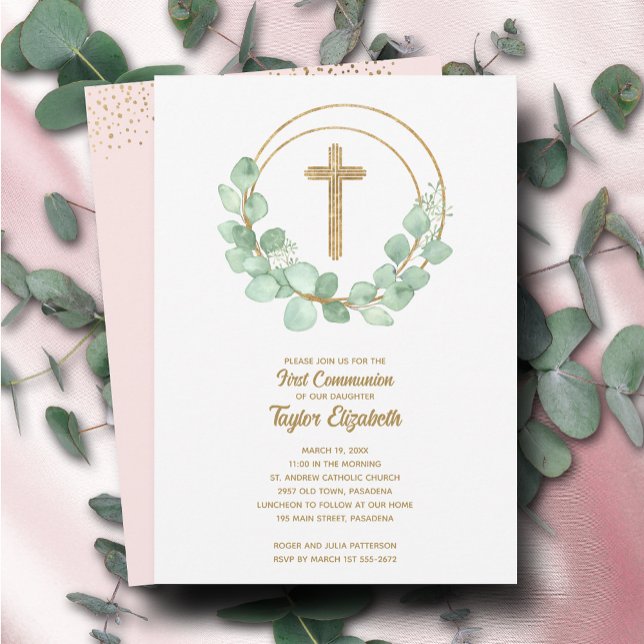 Elegant Eucalyptus First Communion Pink Invitation (Creator Uploaded)