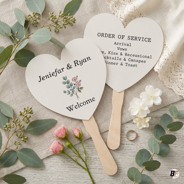 Elegant Eucalyptus Floral Heart Wedding Program  Hand Fan (Creator Uploaded)