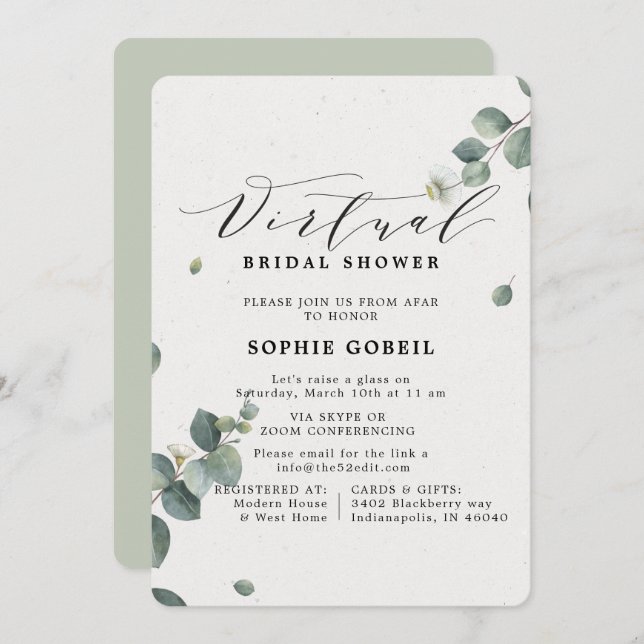 Elegant Eucalyptus Floral VIRTUTAL Bridal Shower Invitation (Front/Back)