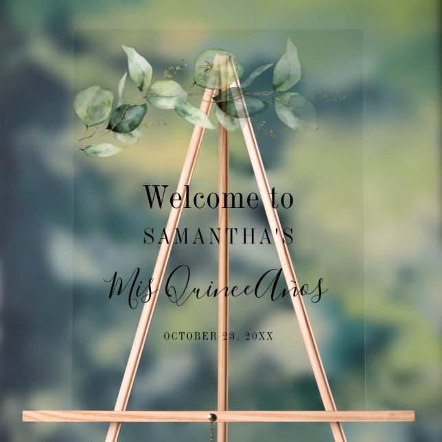 Elegant Eucalyptus Foliage Mis Quince Anos Acrylic Sign (Neutral)