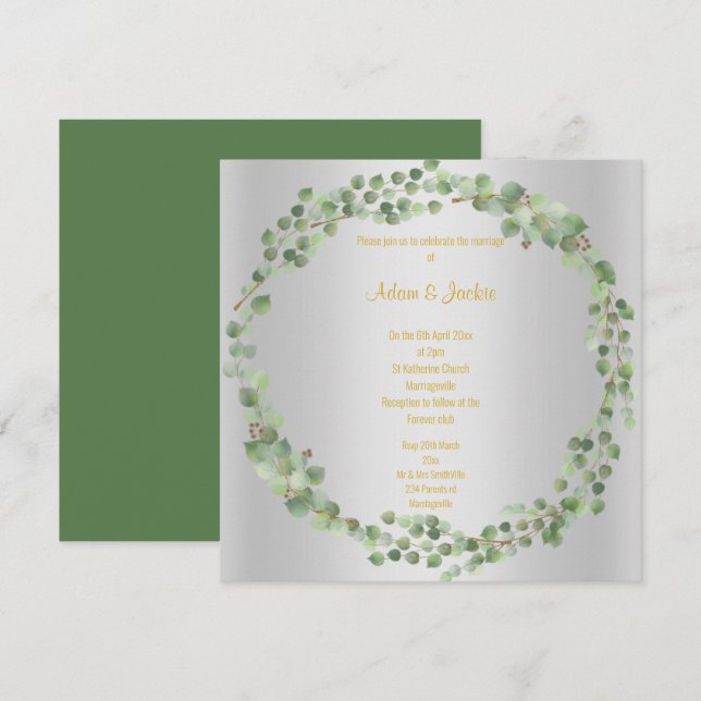 Elegant Eucalyptus Full Wreath Wedding Silver Invitation (Front/Back)