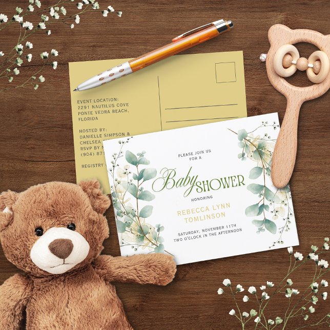 Elegant Eucalyptus Gender Neutral Baby Shower Postcard (Creator Uploaded)
