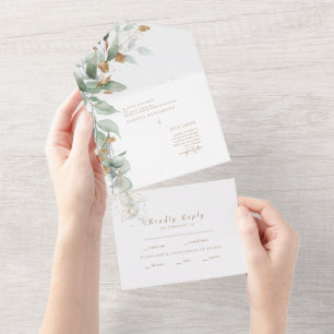 Elegant Eucalyptus & Gold Both Parents Wedding All In One Invitation