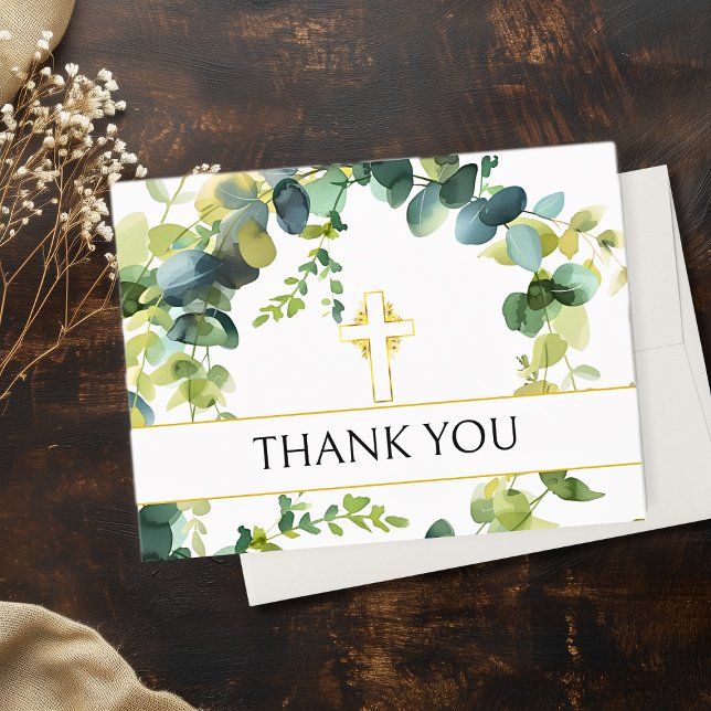 Elegant Eucalyptus Gold Cross Memorial Thank You  (Elegant Eucalyptus Gold Cross Memorial Thank You Cards)