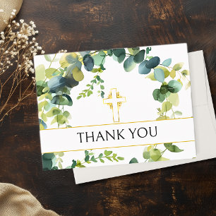 Elegant Eucalyptus Gold Cross Memorial Thank You Card