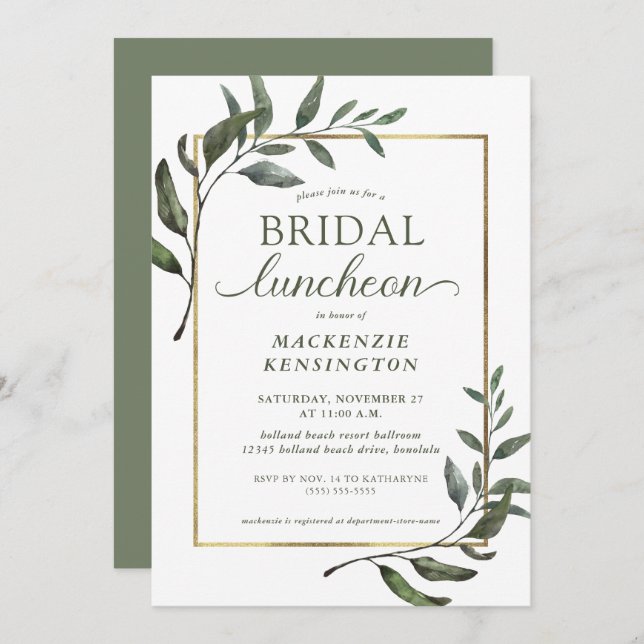 Elegant Eucalyptus Gold Foil Bridal Luncheon Invitation (Front/Back)