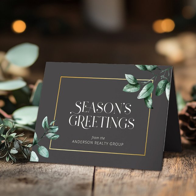 Elegant Eucalyptus Gold Frame Business Logo Holiday Card (Creator Uploaded)