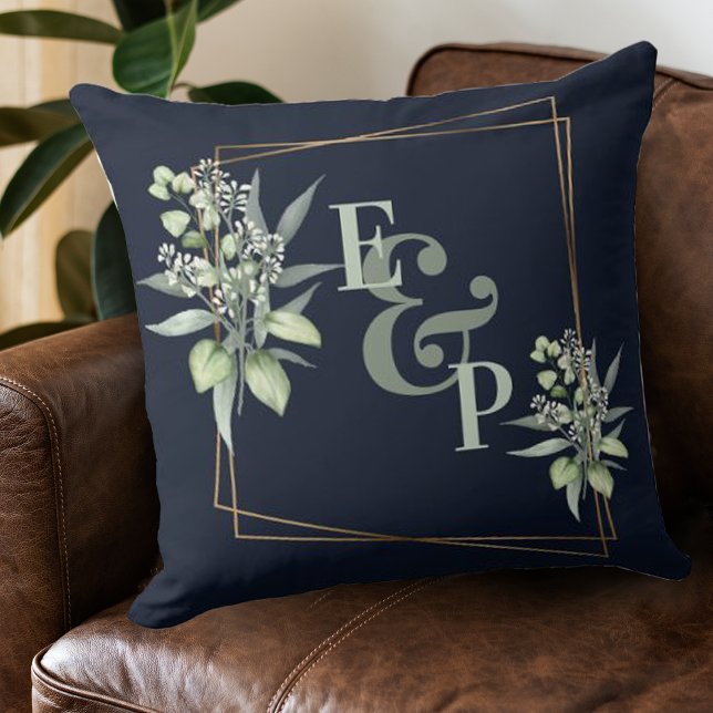 Elegant Eucalyptus Gold Frame Monogram Initials  T Cushion (Creator Uploaded)