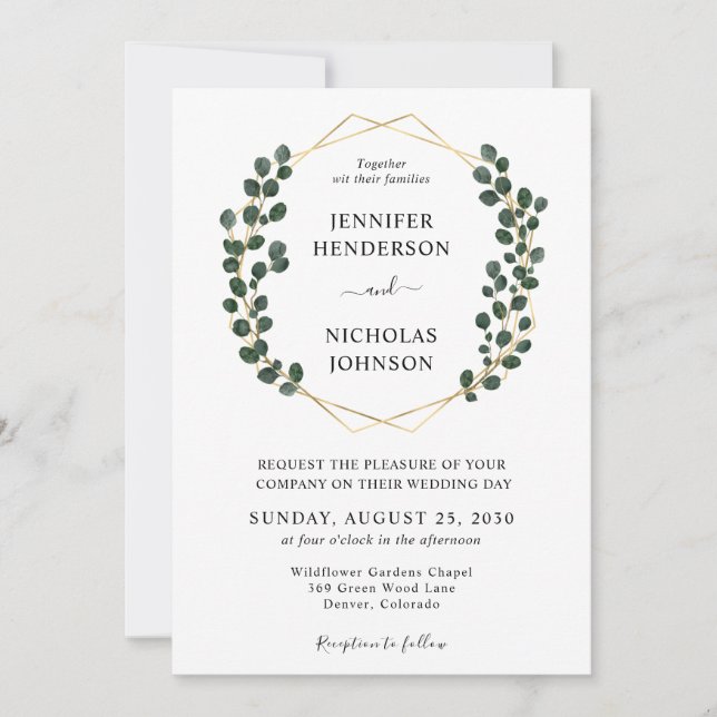 Elegant Eucalyptus Gold Frame Wedding Invitation (Front)