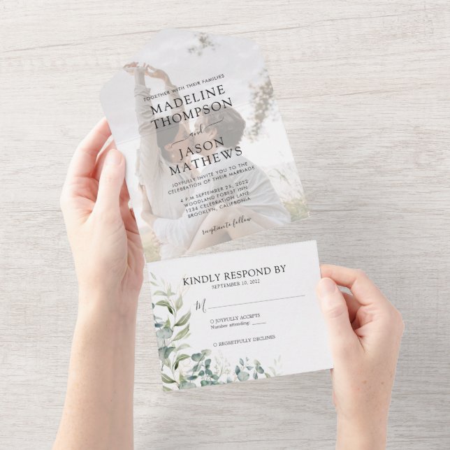 Elegant Eucalyptus Gold Greenery Photo Wedding All In One Invitation (Tearaway)