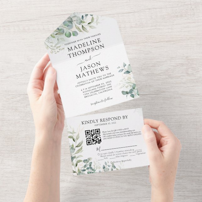 Elegant Eucalyptus Gold Greenery QR Code Wedding All In One Invitation (Tearaway)