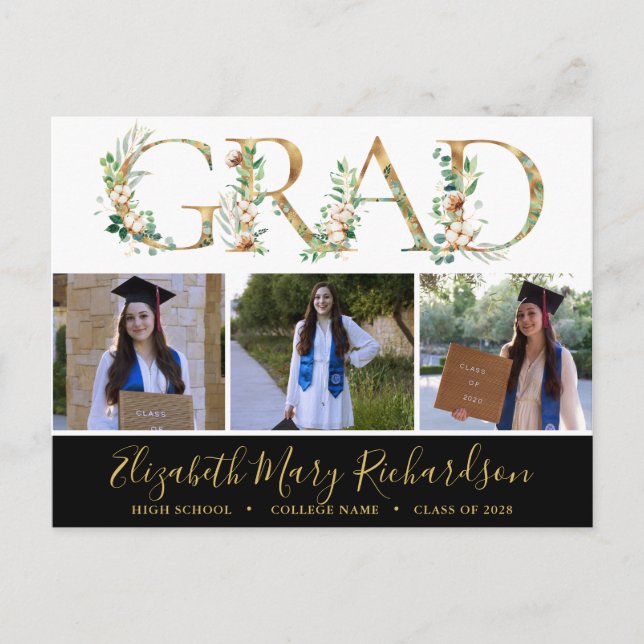 Elegant Eucalyptus Gold Script 3 Photo Graduation Postcard (Front)