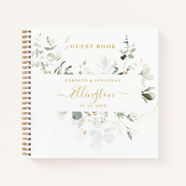Elegant Eucalyptus Gold Script Photo Guest book  (Front)