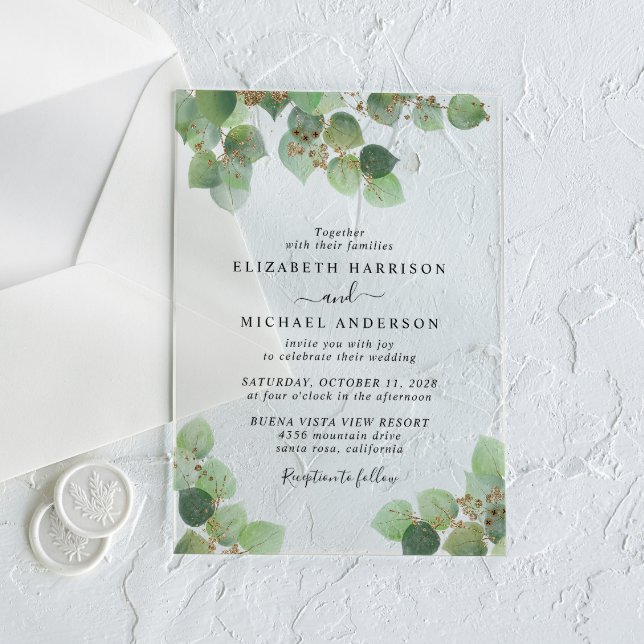 Elegant Eucalyptus Gold Watercolor Wedding Acrylic Invitations (Make your wedding day unforgettable with stunning acrylic invitations—modern, elegant, unique!)