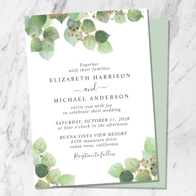 Elegant Eucalyptus Gold Watercolor Wedding Invitation (Creator Uploaded)