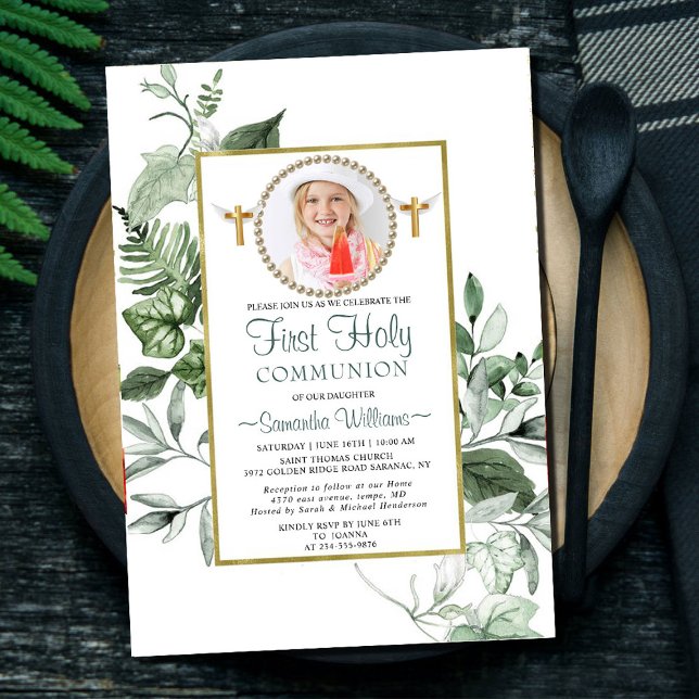 Elegant Eucalyptus Golden Photo First Communion Invitation (Creator Uploaded)