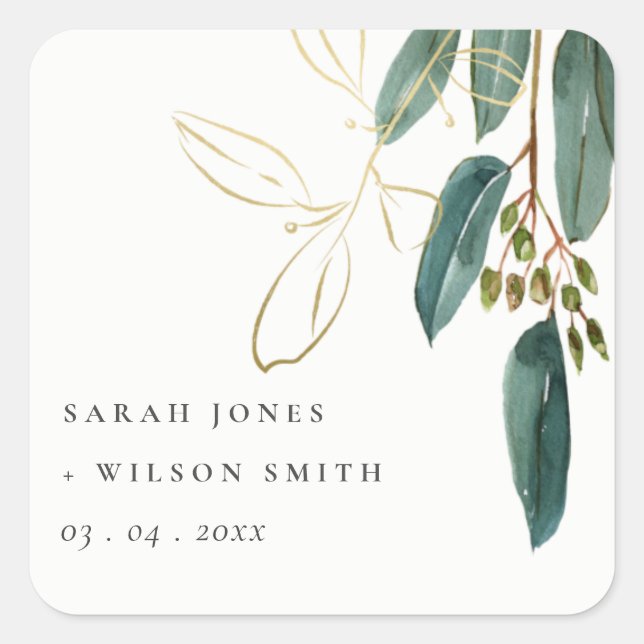 ELEGANT EUCALYPTUS GREEN GOLD FOLIAGE WEDDING  SQUARE STICKER (Front)