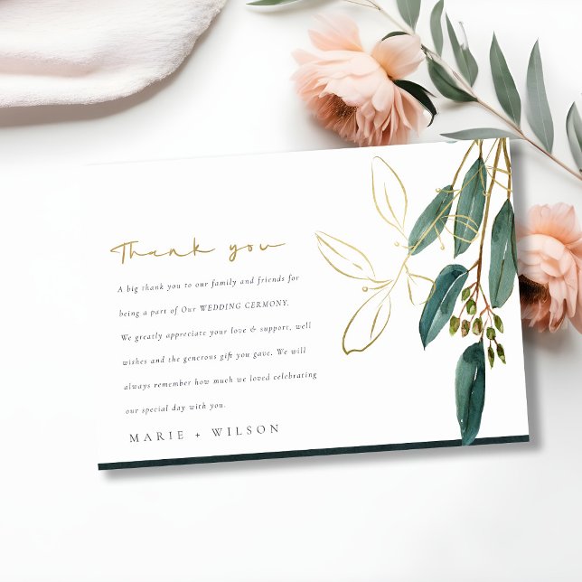 ELEGANT EUCALYPTUS GREEN GOLD FOLIAGE WEDDING THANK YOU CARD (Creator Uploaded)