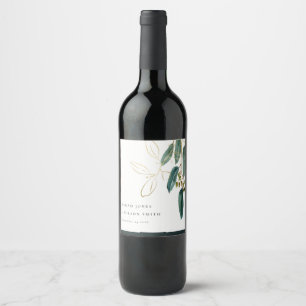ELEGANT EUCALYPTUS GREEN GOLD FOLIAGE WEDDING WINE LABEL