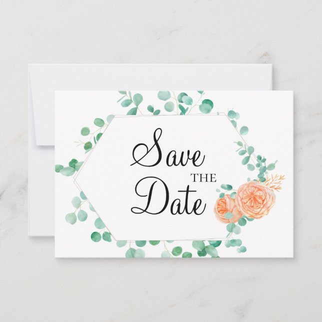 Elegant Eucalyptus Green Peach Floral Save The Date (Front)