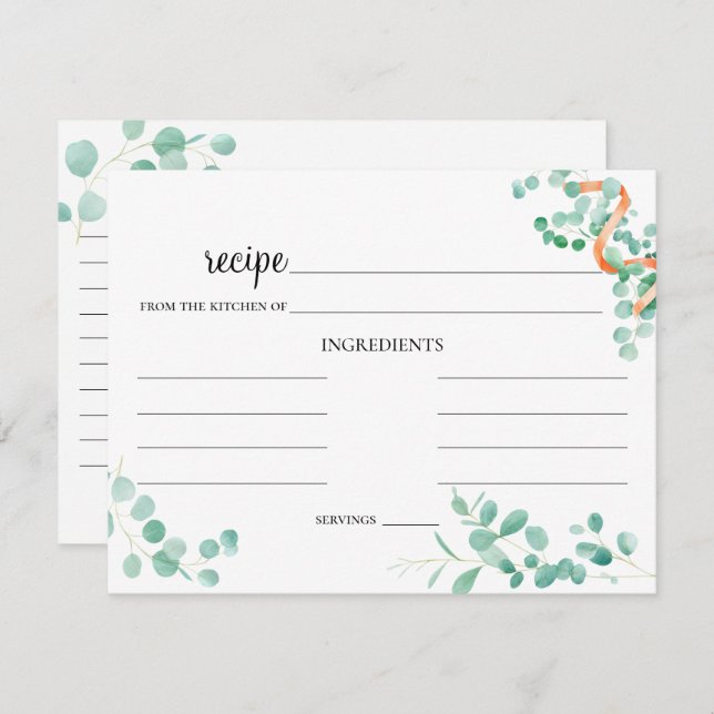 Elegant Eucalyptus Green Peach Wedding Recipe Card (Front/Back)