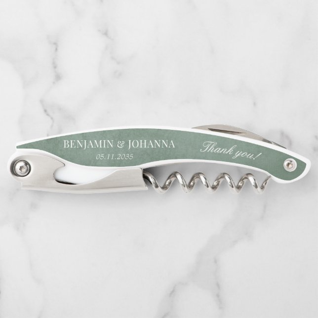 Elegant Eucalyptus Green Wedding Thank You Favours Corkscrew (Front)