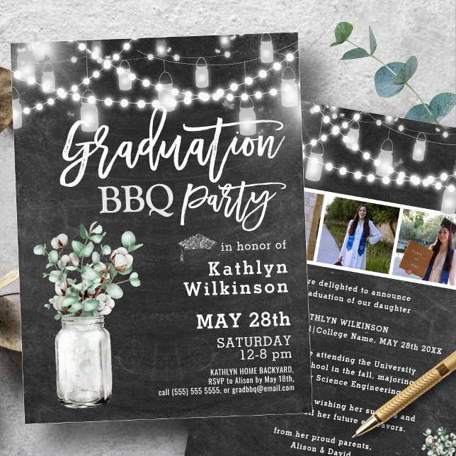 Elegant Eucalyptus Greenery 3 Photo Graduation BBQ Invitation (Creator Uploaded)