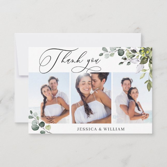 Elegant Eucalyptus Greenery 3 PHOTO Wedding Thank You Card (Front)