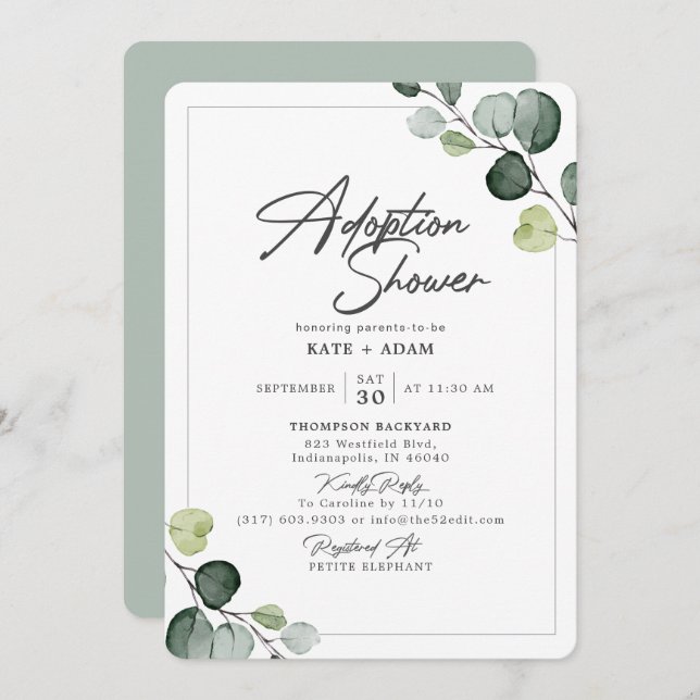 Elegant Eucalyptus Greenery Adoption Baby Shower Invitation (Front/Back)