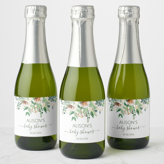 Elegant Eucalyptus Greenery Baby Shower Mini Sparkling Wine Label (Creator Uploaded)