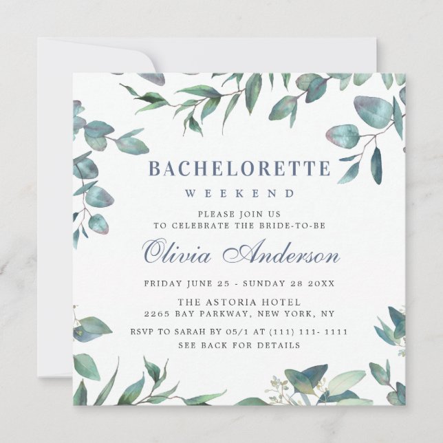 Elegant Eucalyptus Greenery Bachelorette Weekend Invitation (Front)