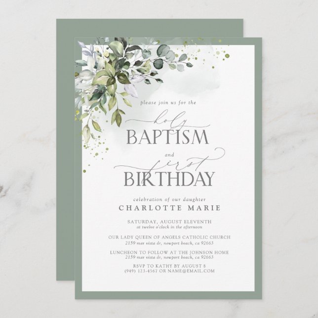 Elegant Eucalyptus Greenery Baptism 1st Birthday Invitation (Front/Back)