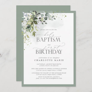 Elegant Eucalyptus Greenery Baptism 1st Birthday Invitation