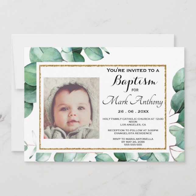 Elegant Eucalyptus Greenery Baptism Invitation (Front)