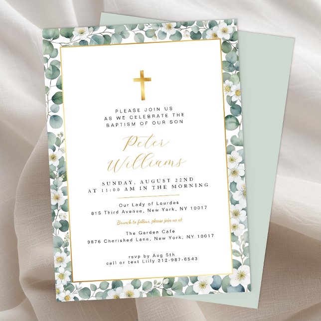 Elegant Eucalyptus Greenery Baptism Invitation (Gold Cross Eucalyptus Baptism Invitation)