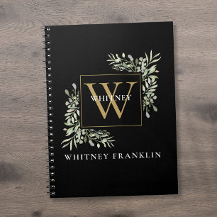 Elegant Eucalyptus Greenery Black Gold Monogram  Notebook