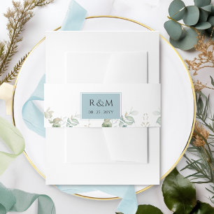 Elegant Eucalyptus Greenery Blue Wedding Monogram Invitation Belly Band