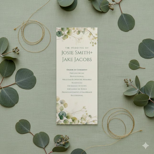 Elegant Eucalyptus Greenery Botanical Ceremony Programme (Eucalyptus greenery wedding ceremony program on soft sage green linen surface.)