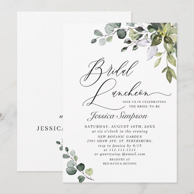 Elegant Eucalyptus Greenery Bridal Luncheon Invitation (Front/Back)