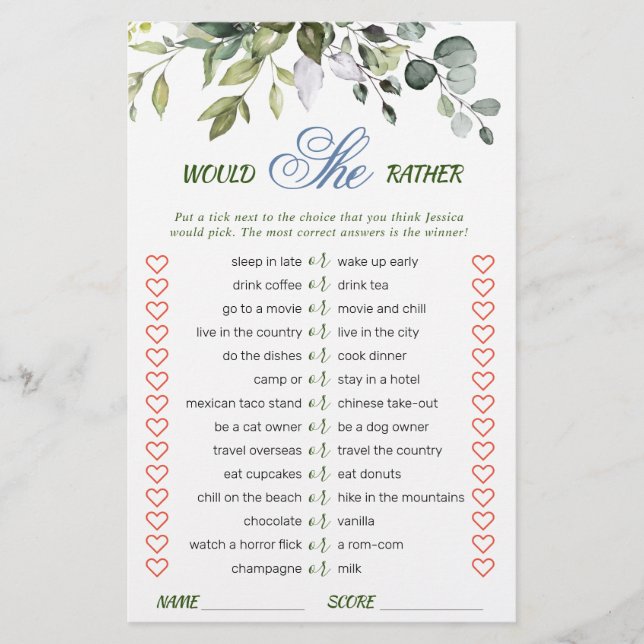 Elegant Eucalyptus Greenery Bridal Shower Game (Front)