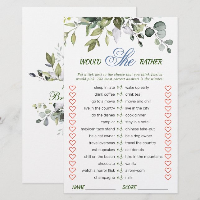 Elegant Eucalyptus Greenery Bridal Shower Game (Front/Back)