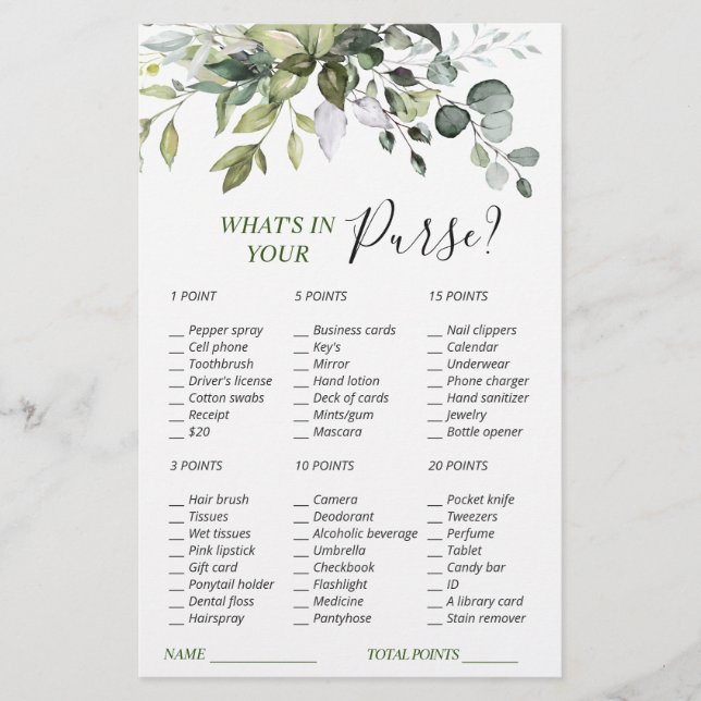 Elegant Eucalyptus Greenery Bridal Shower Game (Front)